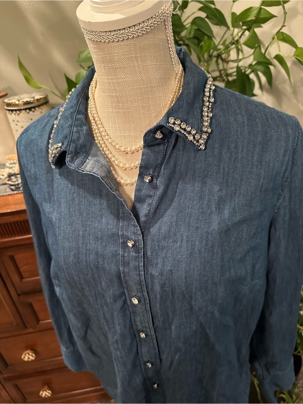 Talbots Denim Button-Down Shirt with Beaded Collar - Blue - Picture 4 of 12